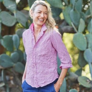 Frank & Eileen Barry Pink White Check‎ Signature Crinkle Button-Up Shirt Size XS